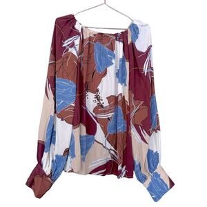 Worthington Brown Abstract Floral Balloon Sleeve Blouse